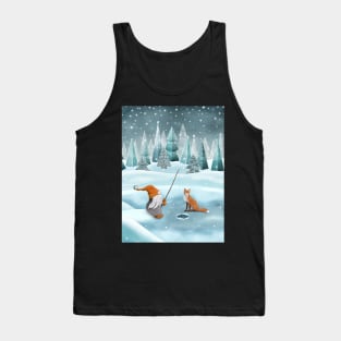 Nordic gnome and red fox fishing winter watercolor illustration. Scandinavian gnome on snowy landscape. Fantasy winter forest. Tank Top